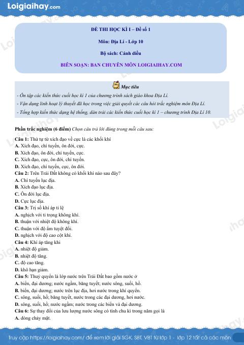 Đề thi học kì 1 Địa lí 10 Cánh diều - Đề số 1
